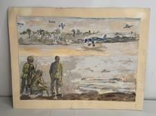 Listing image for Military Aviation Watercolor Painting Signed W.L. Davis WWII Airfield Scene