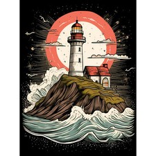 Listing image for Lighthouse on a Cliff Crushing Waves Below Americana 50s Canvas Poster Print Art